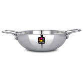 Human Hydro Tri-Ply Stainless Steel Kadai, 22CM, ideal for deep frying and stir-frying, featuring sturdy handles.