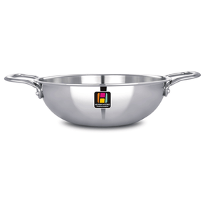 Human Hydro Tri-Ply Stainless Steel Kadai, 22CM, ideal for deep frying and stir-frying, featuring sturdy handles.