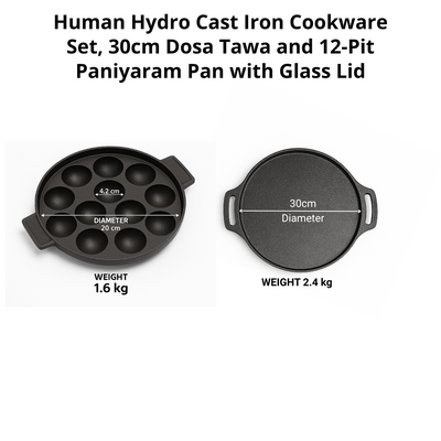 Cast Iron Cookware Set - 30CM Dosa Tawa and 12-Pit Paniyaram Pan with Glass Lid, Pre-Seasoned, Naturally Nonstick, Gas & Induction Compatible