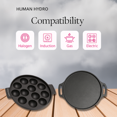 Cast Iron Cookware Set - 30CM Dosa Tawa and 12-Pit Paniyaram Pan with Glass Lid, Pre-Seasoned, Naturally Nonstick, Gas & Induction Compatible